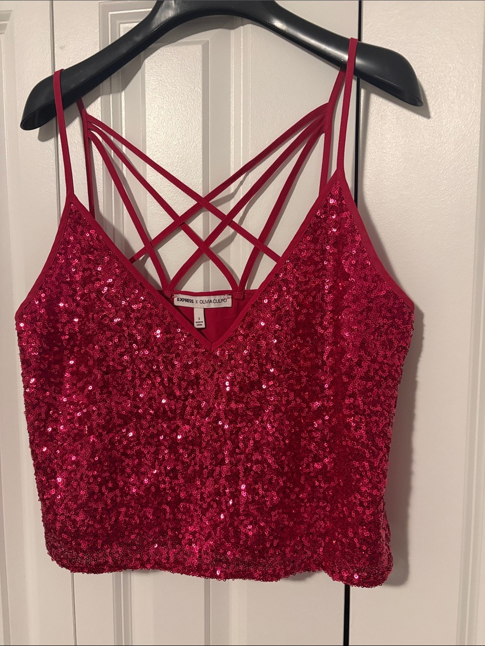 Express Sequin Crop Top in Red with Strappy Crisscross Back